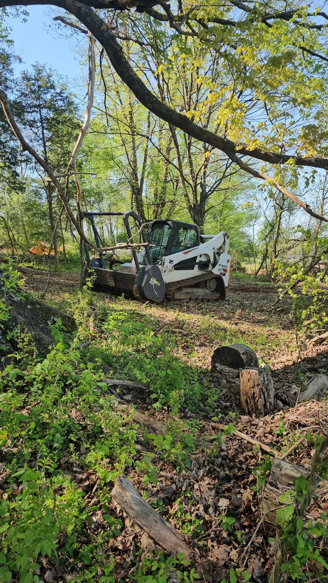 A tracked skid steer equipped with a forestry mulcher on site.
